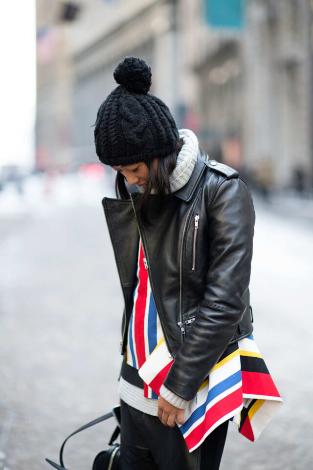 lfw, margaret-zhang, black leather moto jacket, stripes, colorful, winter to spring, pom pom hat
