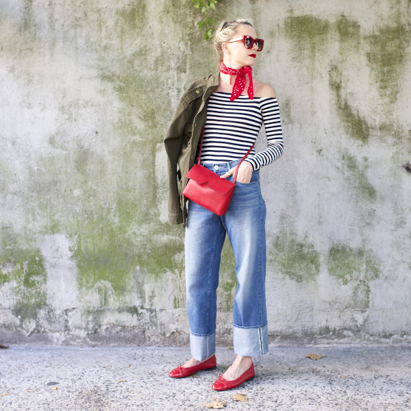 army jacket off the shoulder stripes striped shirt major cuffs red ballet flats-red bag bandana atlantic-pacific