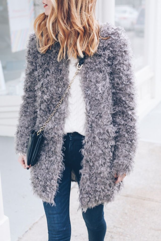 grey fur coat-jeans and white cable knit sweater-weekend outfit-winter brunch outfit-via-