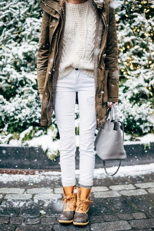what to wear this weekend, what to wear for a night out in winter, white jeans-fishermansweater-double jacket-army jacket-houndstooth glen plaid blazer-winter whites-duck boots-snow boots-via--