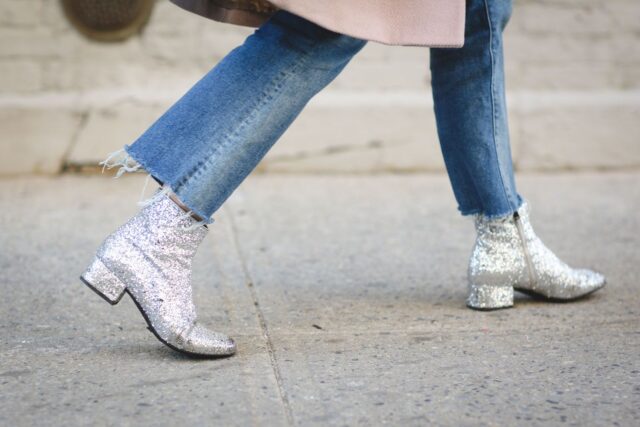 silver metallic glitter booties-frayed denim jeans-yfw street stsyle-refinery 2-cropped ejeans and booties