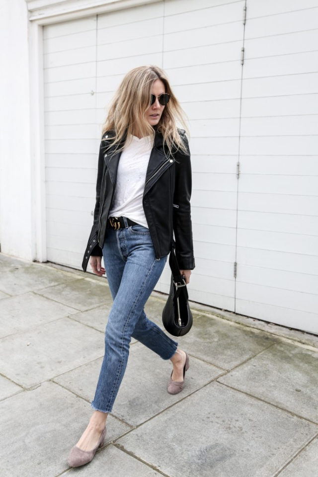 weekend outfit-cropped jeans-frayed denim-glove shoes-moto jacket-white tee-black leather moto jacket jeans and a tee-