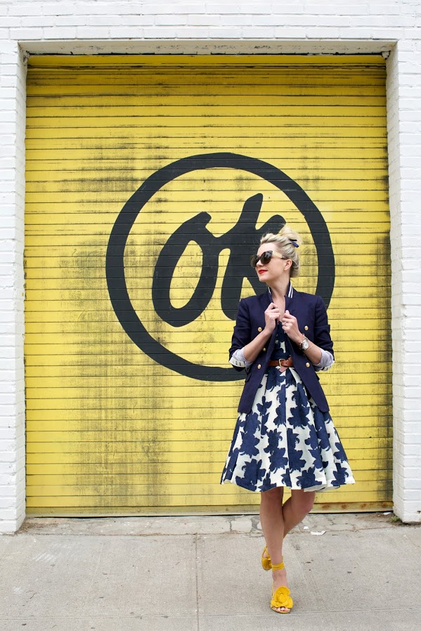 spring work outfit-summer spring shower-party-navy-yellow shoes-sandals-belted dress-