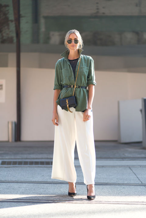 white culottes-army jacket-belted-belt your jacket-summer work-summer to fall transitional dressing-hbz