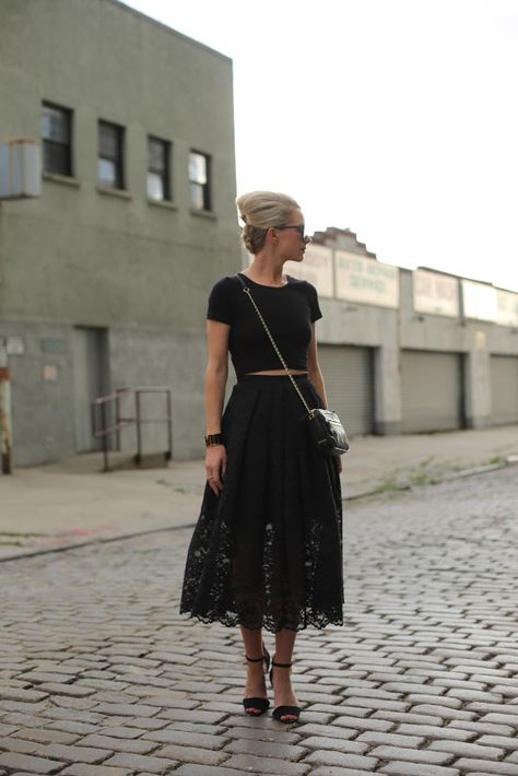 black lace midi skirt, all black, crop top, blair eadie, party, giong out, wedding, party, 