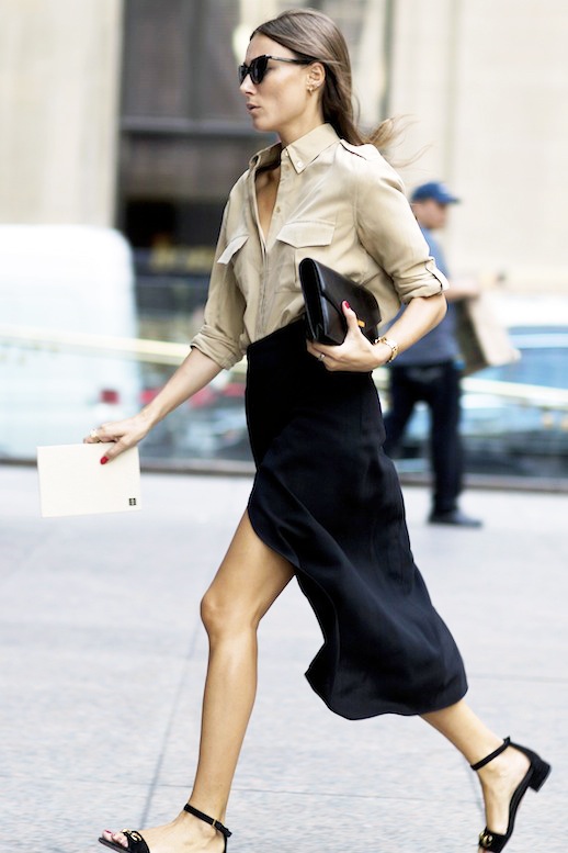 summer work outfit-black midi skirt-slit-sandals-flat sandals-mini block heel-cargo shirt-button up shirt-via