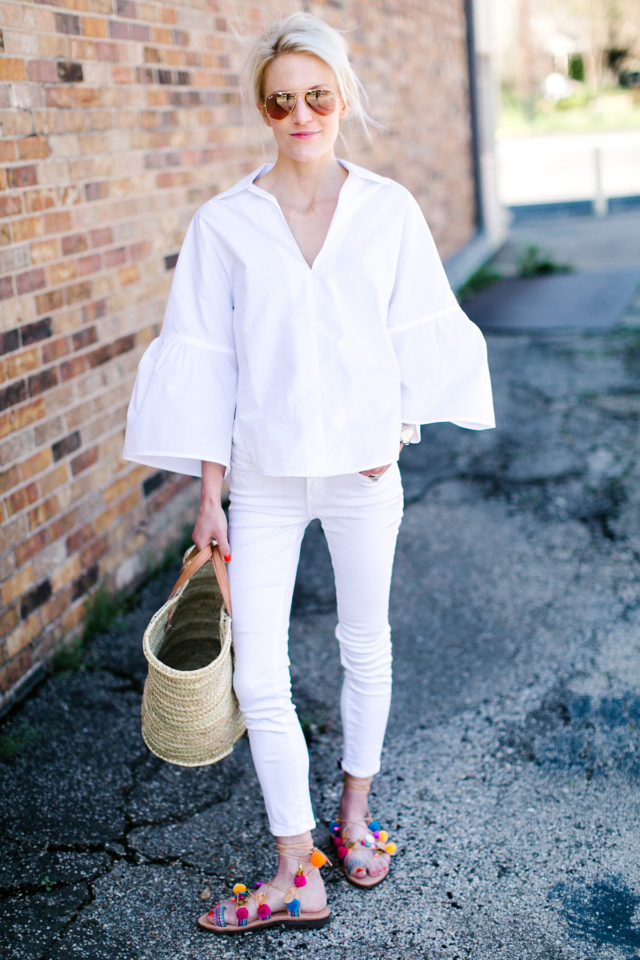 white jeans, bell sleeves, pom pom sandals, summer outfit, summer work, summer date night outfit, 